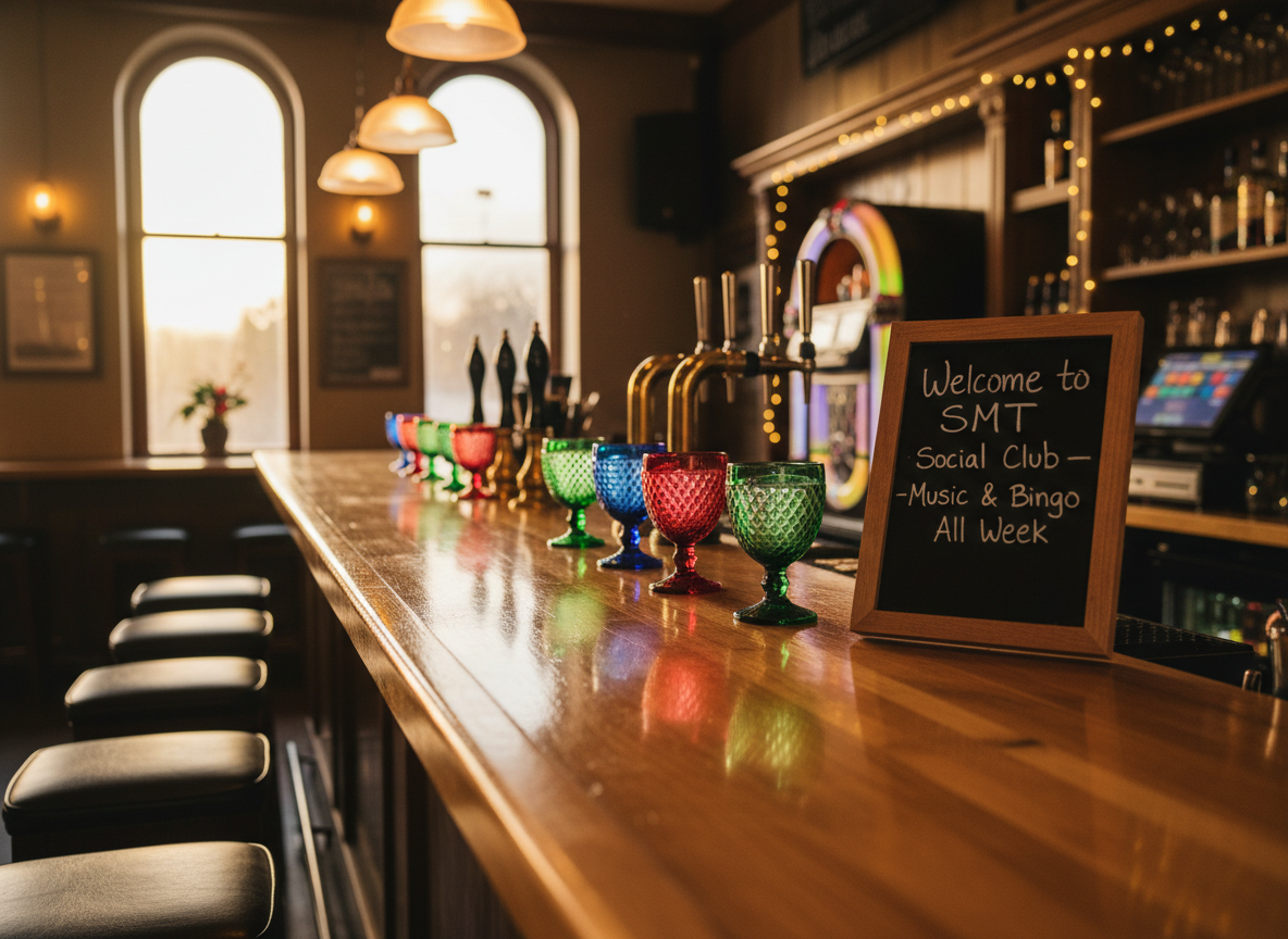 A warmly lit social club bar counter made of honey-toned wood, its glossy surface reflecting a neat row of colorful drink glasses, polished brass beer taps, and a small chalkboard sign that playfully reads “Welcome to SMT Social Club – Music & Bingo All Week.” In the background, cushioned stools, fairy lights, and a softly glowing jukebox are gently blurred. Golden hour light from high windows mingles with amber pendant lamps, creating a cozy, inviting glow and soft shadows. Photographed at eye level with a shallow depth of field, the scene feels playful yet relaxed, in rich photographic realism with vibrant, saturated colors that highlight the club’s fun, welcoming atmosphere.