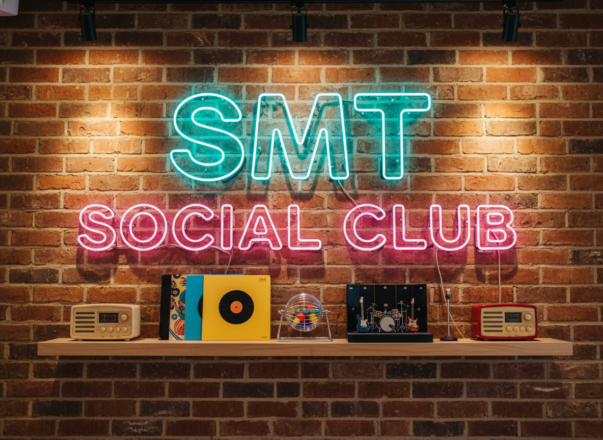 A playful wall display inside SMT Social Club featuring a large, custom neon sign in bright teal and pink reading “SMT Social Club” mounted on a textured exposed-brick wall. Below it, a light wood shelf holds quirky decor: vintage radios, colorful vinyl records, a small bingo ball cage, and a tiny model stage with miniature instruments. Soft, warm spotlights from above create gentle highlights on the neon tubing and subtle shadows on the brick texture. Photographed straight-on at eye level in photographic realism with vibrant colors and a clean composition, the image exudes a fun, modern, and welcoming club identity ideal for branding and header use.