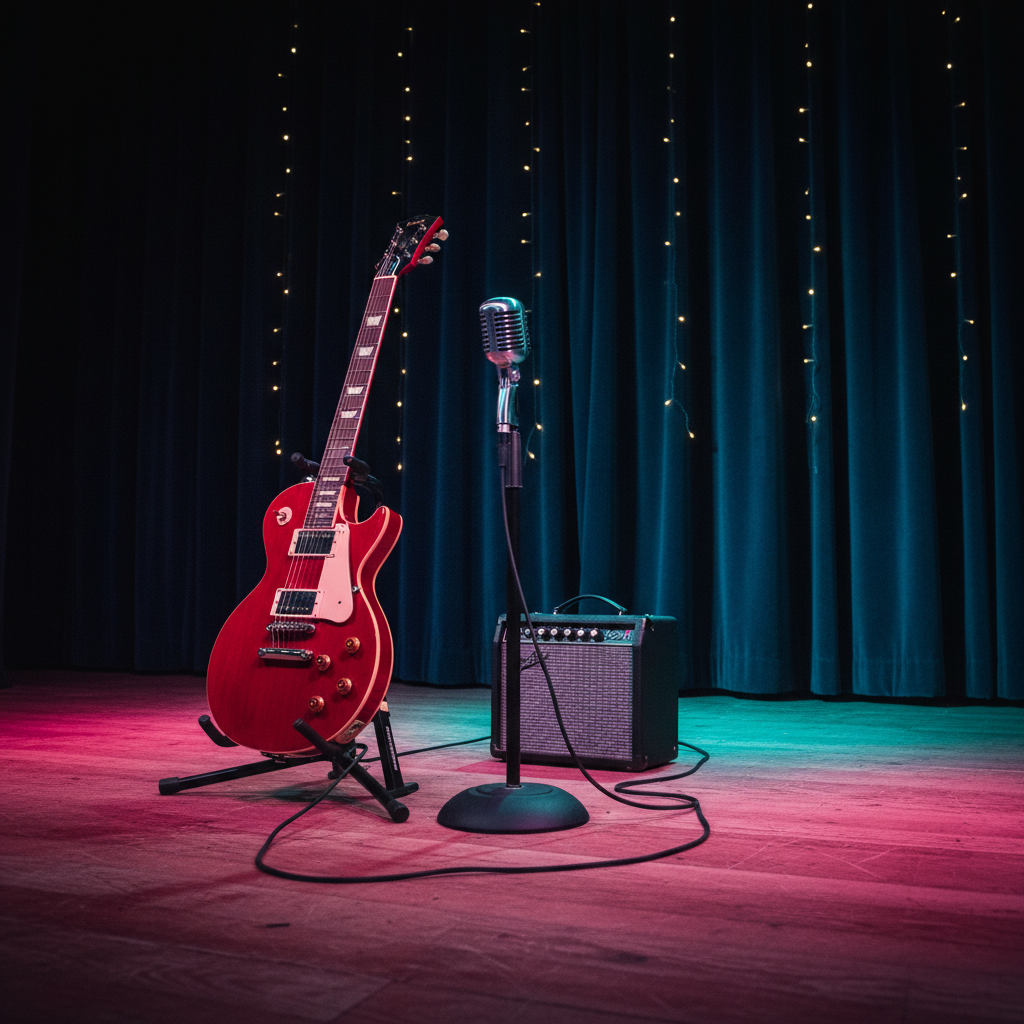 A stage corner inside a local social club featuring a glossy cherry-red electric guitar resting on a stand beside a vintage-style microphone, both wired into a compact black amplifier. Behind them, a deep navy velvet curtain hangs in soft folds, studded with tiny warm fairy lights that sparkle gently. Colored stage lights cast washes of magenta and teal across the floor, creating soft, overlapping pools of color and long diagonal shadows. Captured from a low, three-quarter angle in photographic realism, the composition emphasizes the instruments as the stars of the scene, with a playful, energetic mood that suggests live music nights just about to begin.
