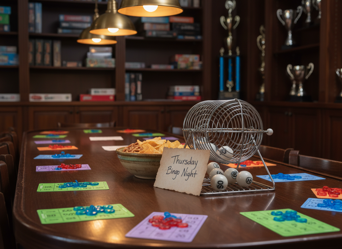 A long, polished wooden bingo table neatly set up inside a cozy social club, covered with brightly colored bingo cards, translucent red and blue plastic markers, and a shiny metal bingo cage filled with white numbered balls mid-spin. A small handwritten sign reading “Thursday Bingo Night” leans against a ceramic bowl of snacks. Warm overhead pendant lights create a soft, amber glow and subtle reflections on the table surface, while the background shows blurred shelves of board games and trophies. Shot from a slightly elevated angle in sharp photographic realism, the composition uses leading lines along the table to draw the eye, capturing a playful, anticipatory atmosphere.
