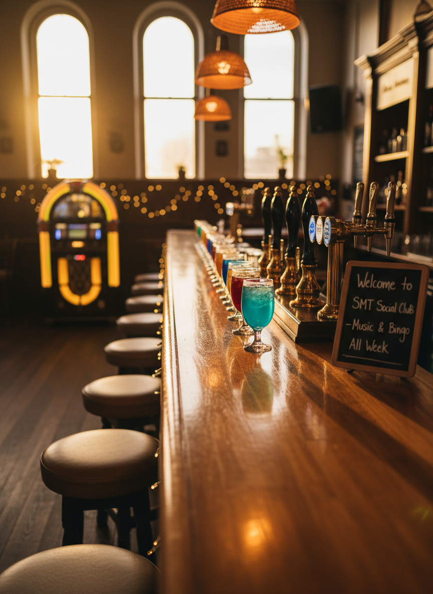 A warmly lit social club bar counter made of honey-toned wood, its glossy surface reflecting a neat row of colorful drink glasses, polished brass beer taps, and a small chalkboard sign that playfully reads “Welcome to SMT Social Club – Music & Bingo All Week.” In the background, cushioned stools, fairy lights, and a softly glowing jukebox are gently blurred. Golden hour light from high windows mingles with amber pendant lamps, creating a cozy, inviting glow and soft shadows. Photographed at eye level with a shallow depth of field, the scene feels playful yet relaxed, in rich photographic realism with vibrant, saturated colors that highlight the club’s fun, welcoming atmosphere.