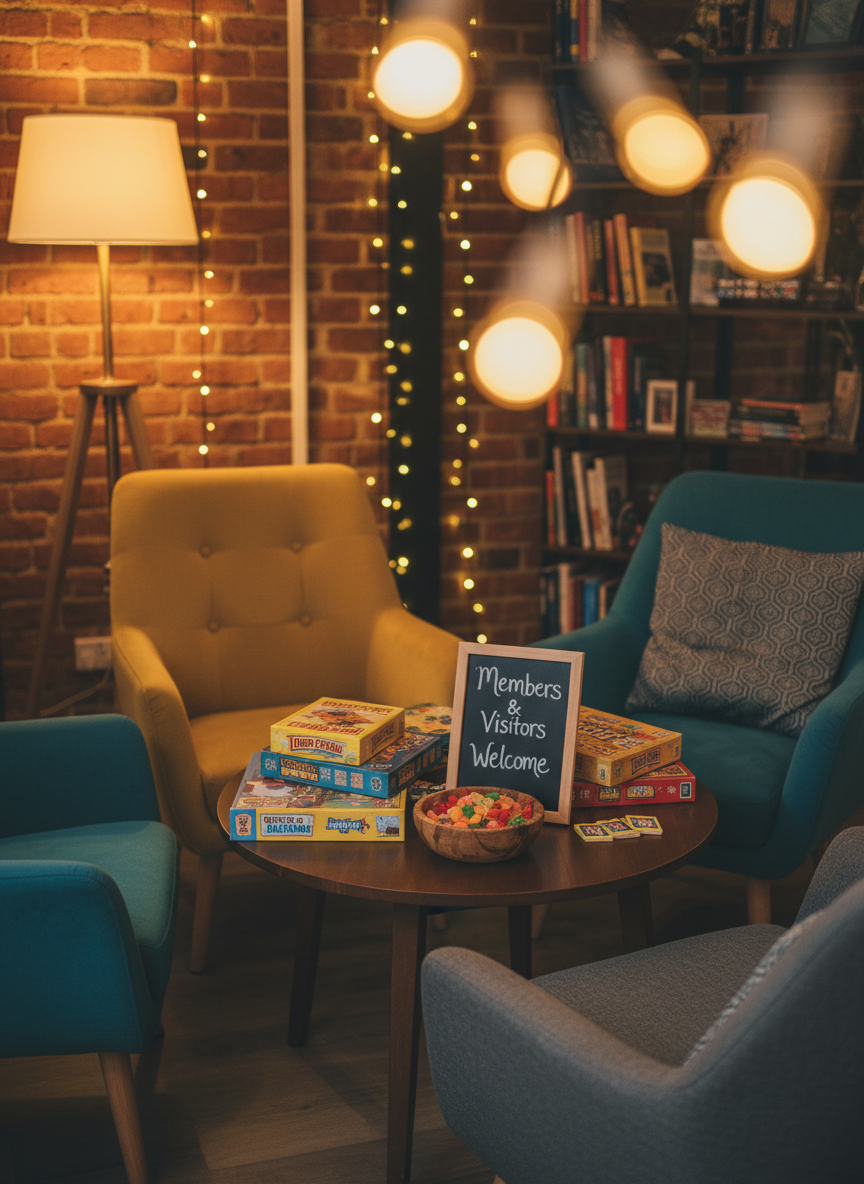 A cozy corner lounge area inside a local social club, featuring a low round wooden table surrounded by mismatched but stylish armchairs in mustard yellow, teal, and charcoal gray fabrics, each with plush cushions. On the table, a playful mix of board games, a small bowl of brightly colored snacks, and a tabletop sign reading “Members & Visitors Welcome” sit under the soft glow of a nearby floor lamp with a fabric shade. Ambient string lights drape across the background wall, slightly out of focus. Captured from a slightly elevated, wide-angle perspective in photographic realism, the space feels intimate, playful, and inviting, with warm, diffused lighting and gentle shadows creating a relaxed social atmosphere.