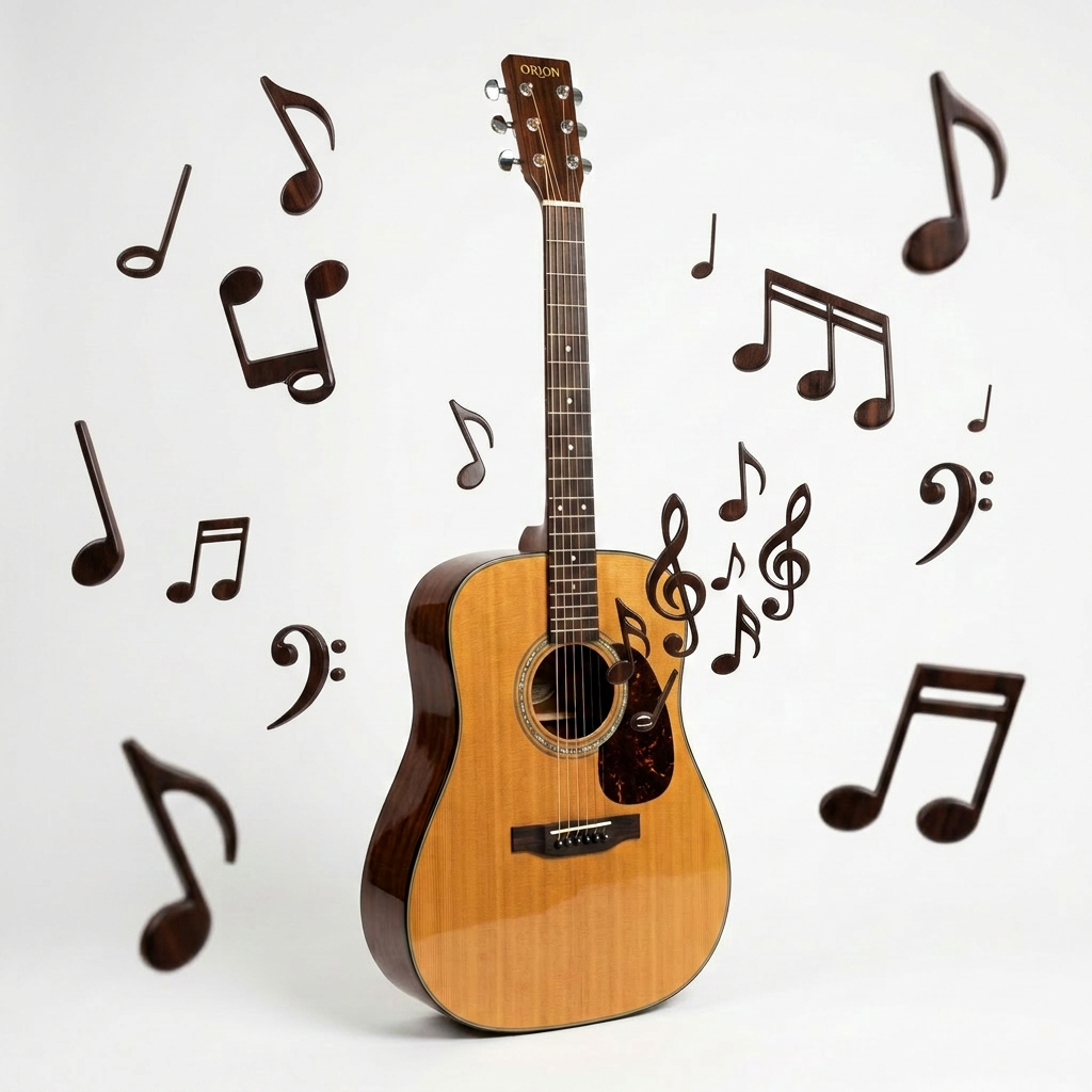 Dreadnought acoustic guitar with natural wood top and dark back and sides